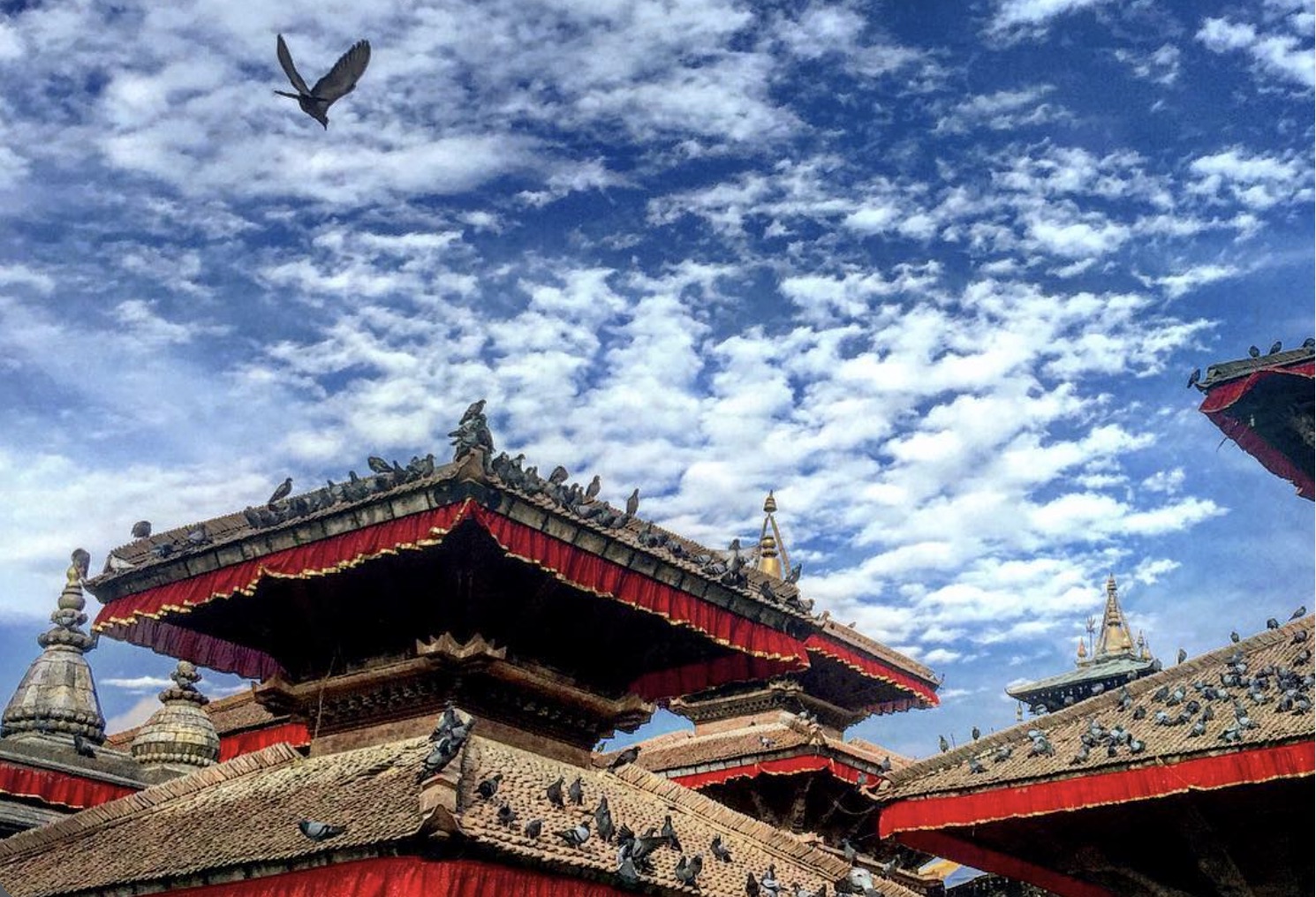 Red-draped pagoda temples of Kathmandu Durbar Square under a blue autumn sky, pigeons on the rooftops